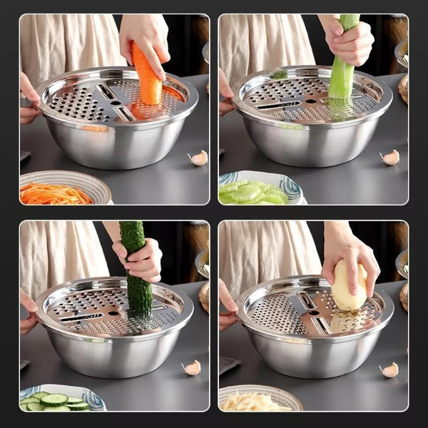 3 in 1 Stainless Steel Drain Basket with Vegetable Cutter