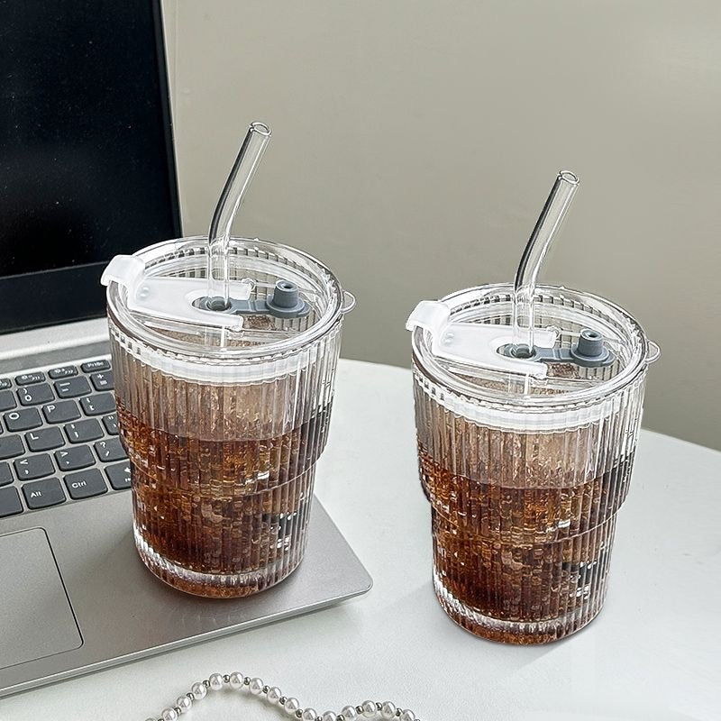 Striped Glass Cup with Lid & Straw