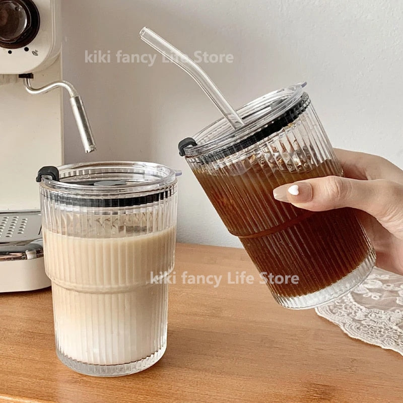 Striped Glass Cup with Lid & Straw