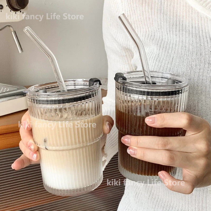 Striped Glass Cup with Lid & Straw