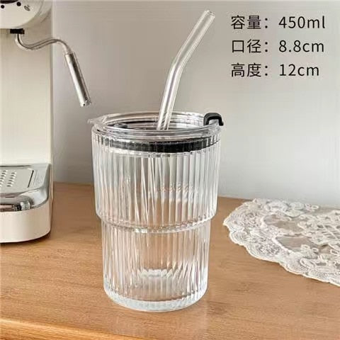 Striped Glass Cup with Lid & Straw