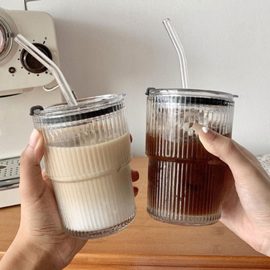 Striped Glass Cup with Lid & Straw