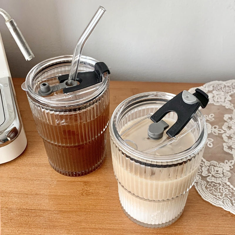 Striped Glass Cup with Lid & Straw