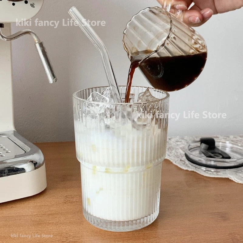 Striped Glass Cup with Lid & Straw