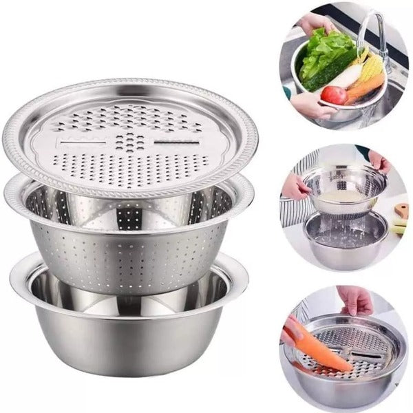 3 in 1 Stainless Steel Drain Basket with Vegetable Cutter